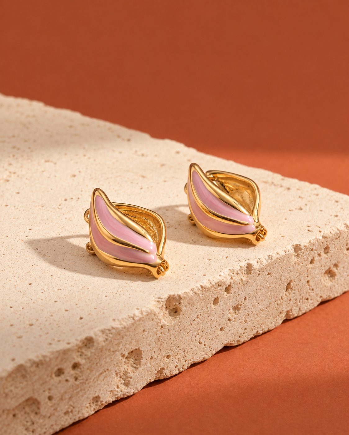 Pink Petal Enamel Huggie Earrings