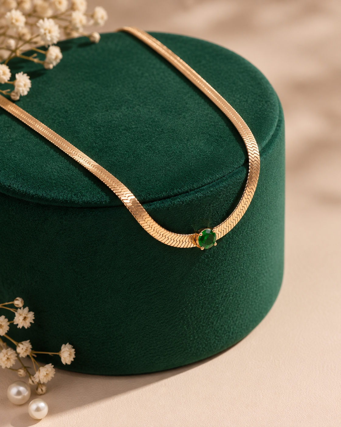 The Emerald Solitaire Herringbone Necklace