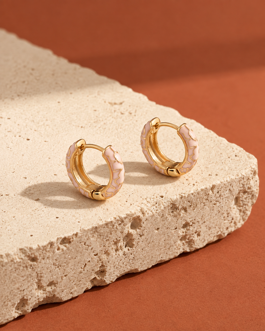 Blush & White Enamel Celestial Brass Huggie Earrings