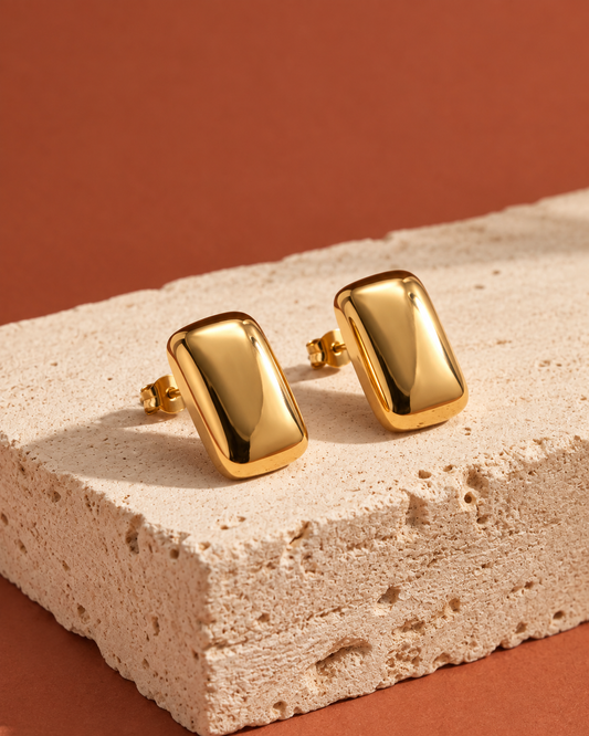 Golden Rectangular Chunky Brass Stud Earrings