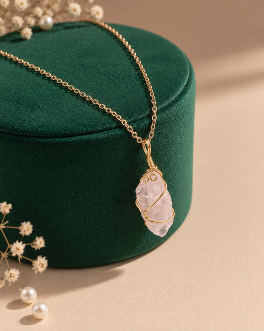 The Raw Rose Quartz Wire-Wrapped Necklace