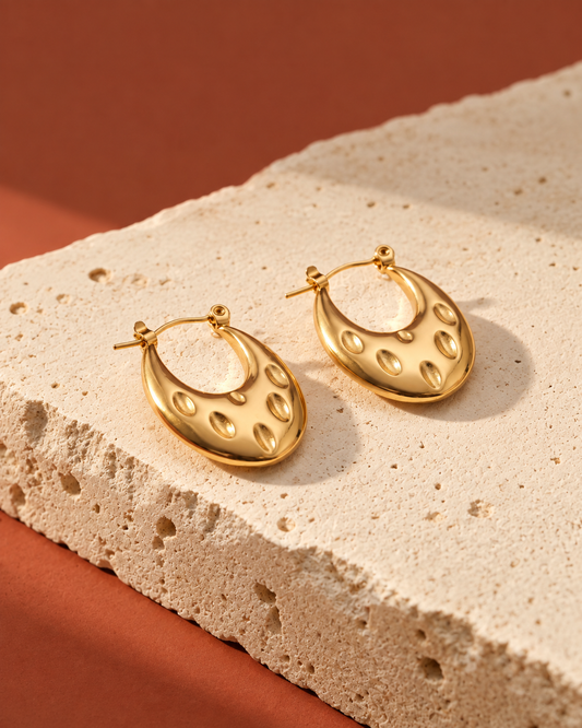 Golden Dimpled Oval Brass Hoop Earrings