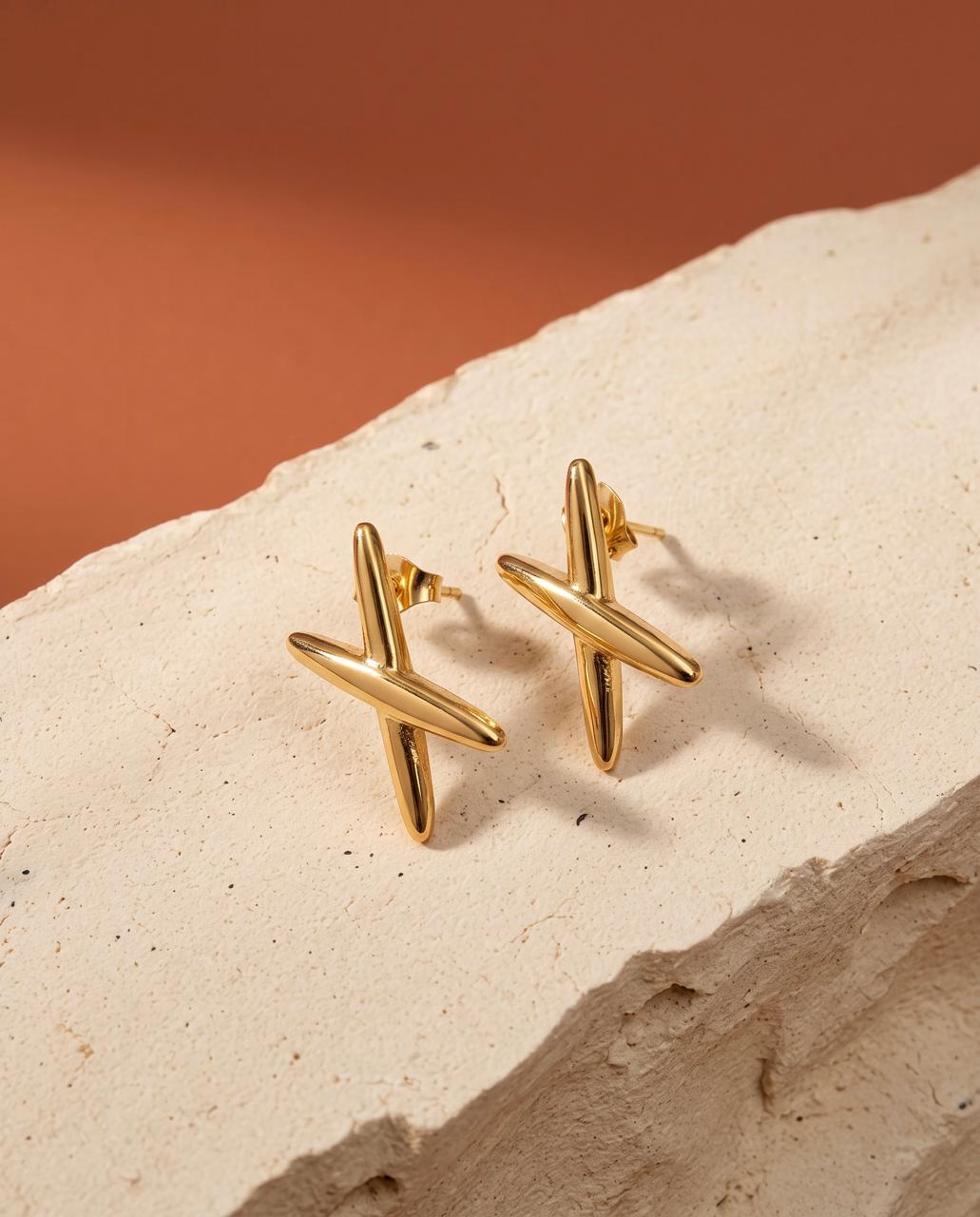 Golden Cross-Over Brass Stud Earrings