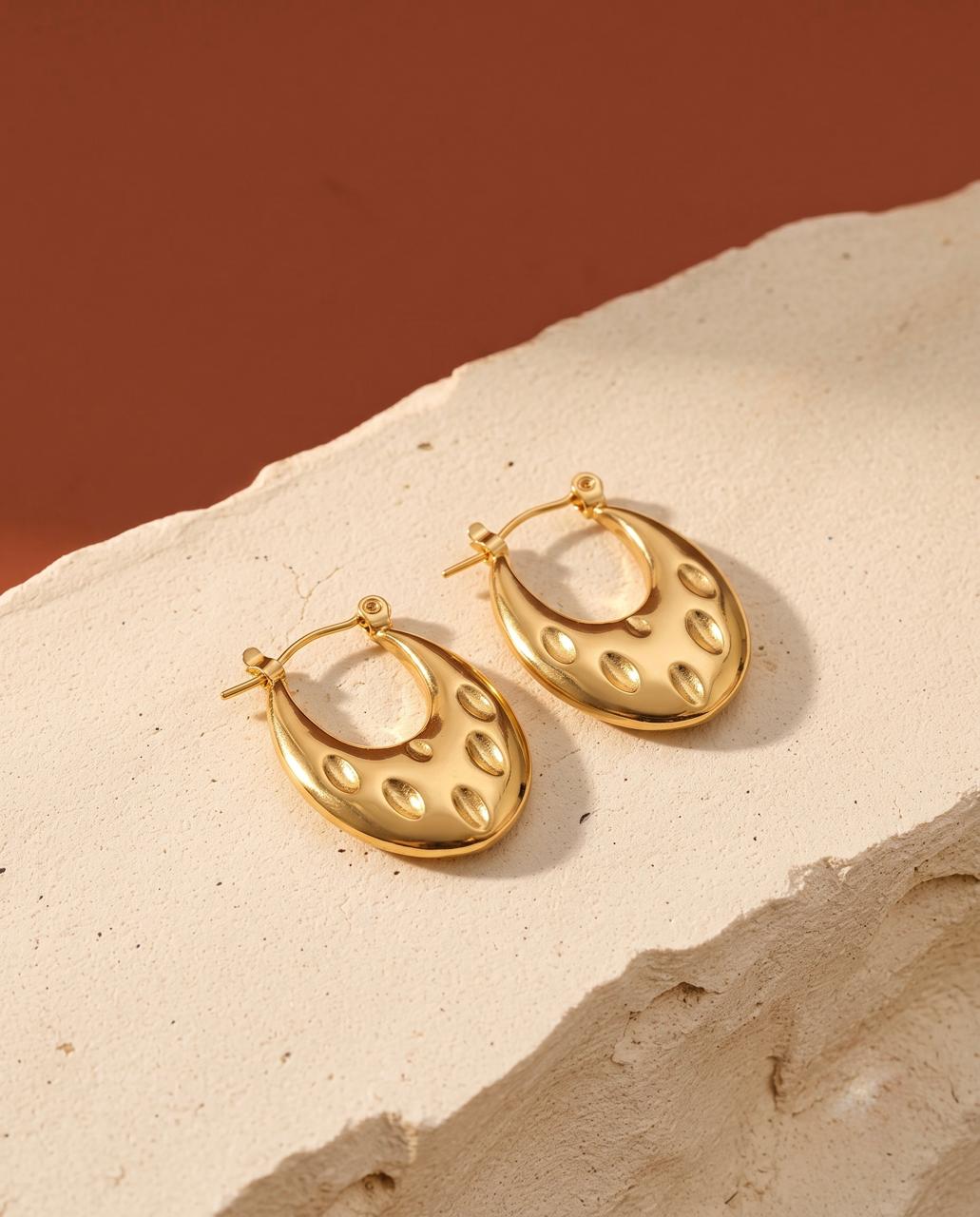 Golden Dimpled Oval Brass Hoop Earrings