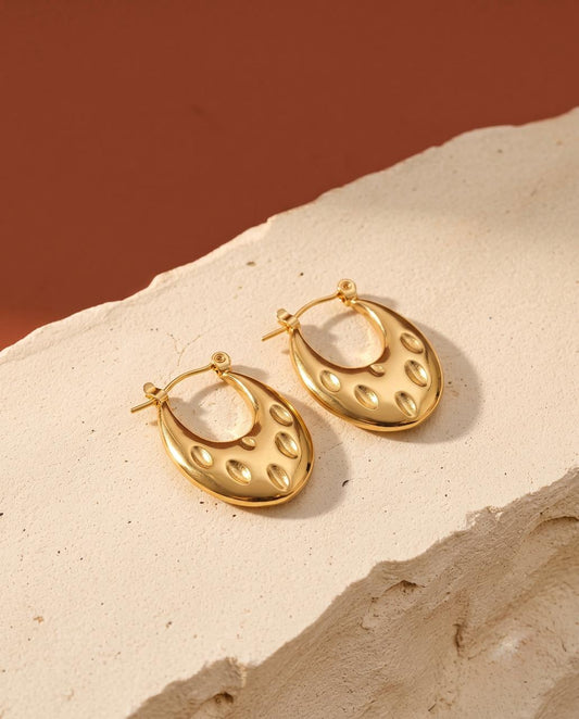 Golden Dimpled Oval Brass Hoop Earrings