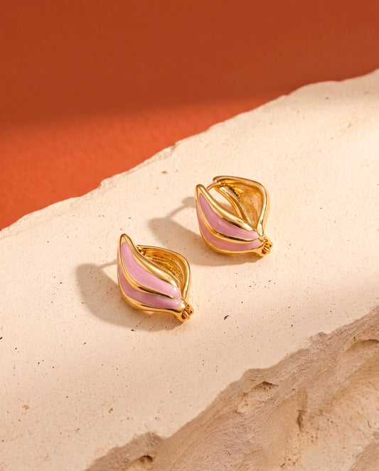 Pink Petal Enamel Huggie Earrings